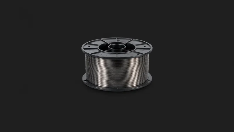 Isolated a spool of MIG welding wire centred on a seamless deep charcoal near-black studio background, generous empty margin on every side for overlaid branding