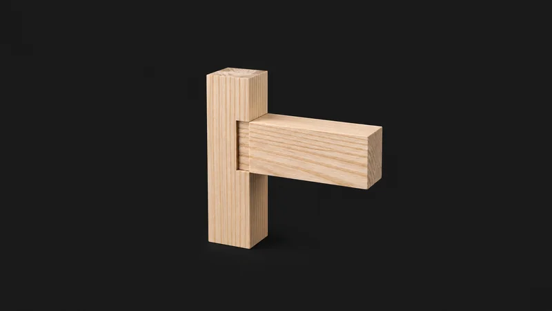 Isolated a mortise-and-tenon joint dry-fitted in ash centred on a seamless deep charcoal near-black studio background, generous empty margin on every side for overlaid branding