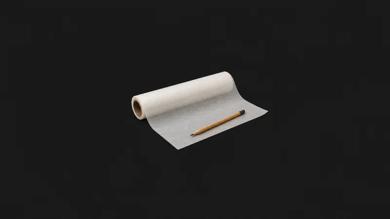 Isolated a roll of trace paper partly unrolled with a soft pencil centred on a seamless deep charcoal near-black studio background, generous empty margin on every side for overlaid branding