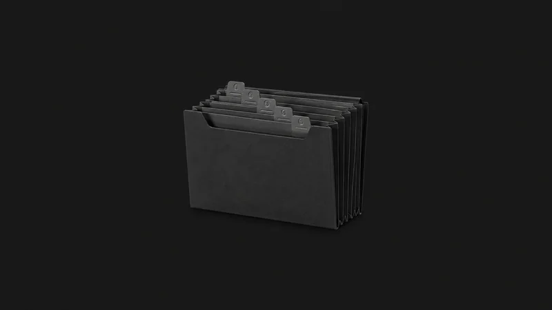 Isolated a set of accordion expense folders with numbered tabs centred on a seamless deep charcoal near-black studio background, generous empty margin on every side for overlaid branding