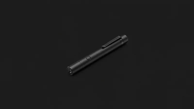 Isolated a matte-black laser pointer with a clip centred on a seamless deep charcoal near-black studio background, generous empty margin on every side for overlaid branding