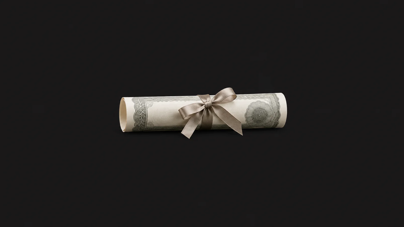 Isolated a rolled bond certificate tied with a ribbon centred on a seamless deep charcoal near-black studio background, generous empty margin on every side for overlaid branding