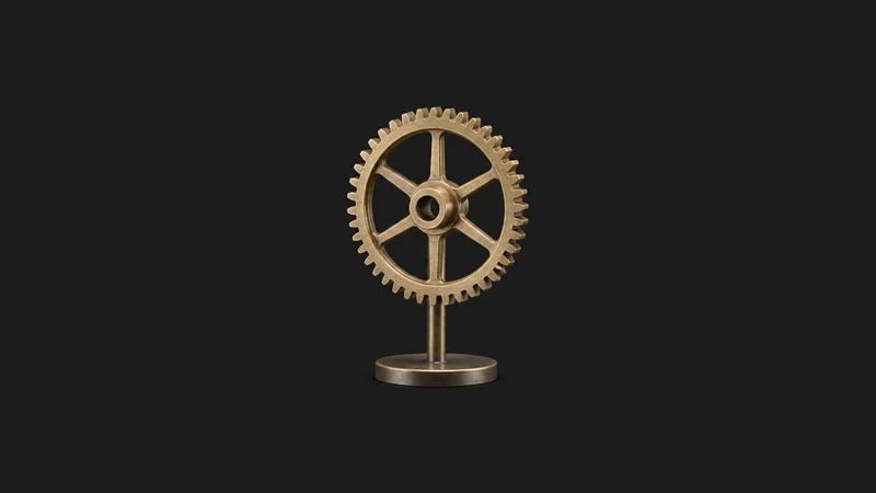 Isolated a brass inventor's prototype gear on a stand centred on a seamless deep charcoal near-black studio background, generous empty margin on every side for overlaid branding
