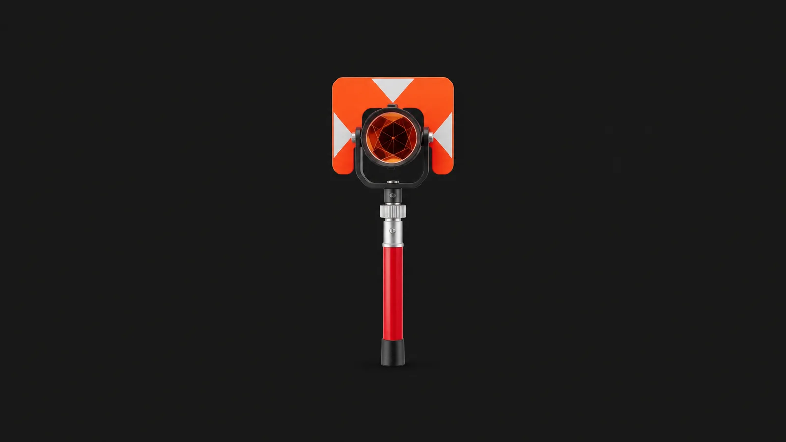Isolated a survey prism reflector on its short pole centred on a seamless deep charcoal near-black studio background, generous empty margin on every side for overlaid branding
