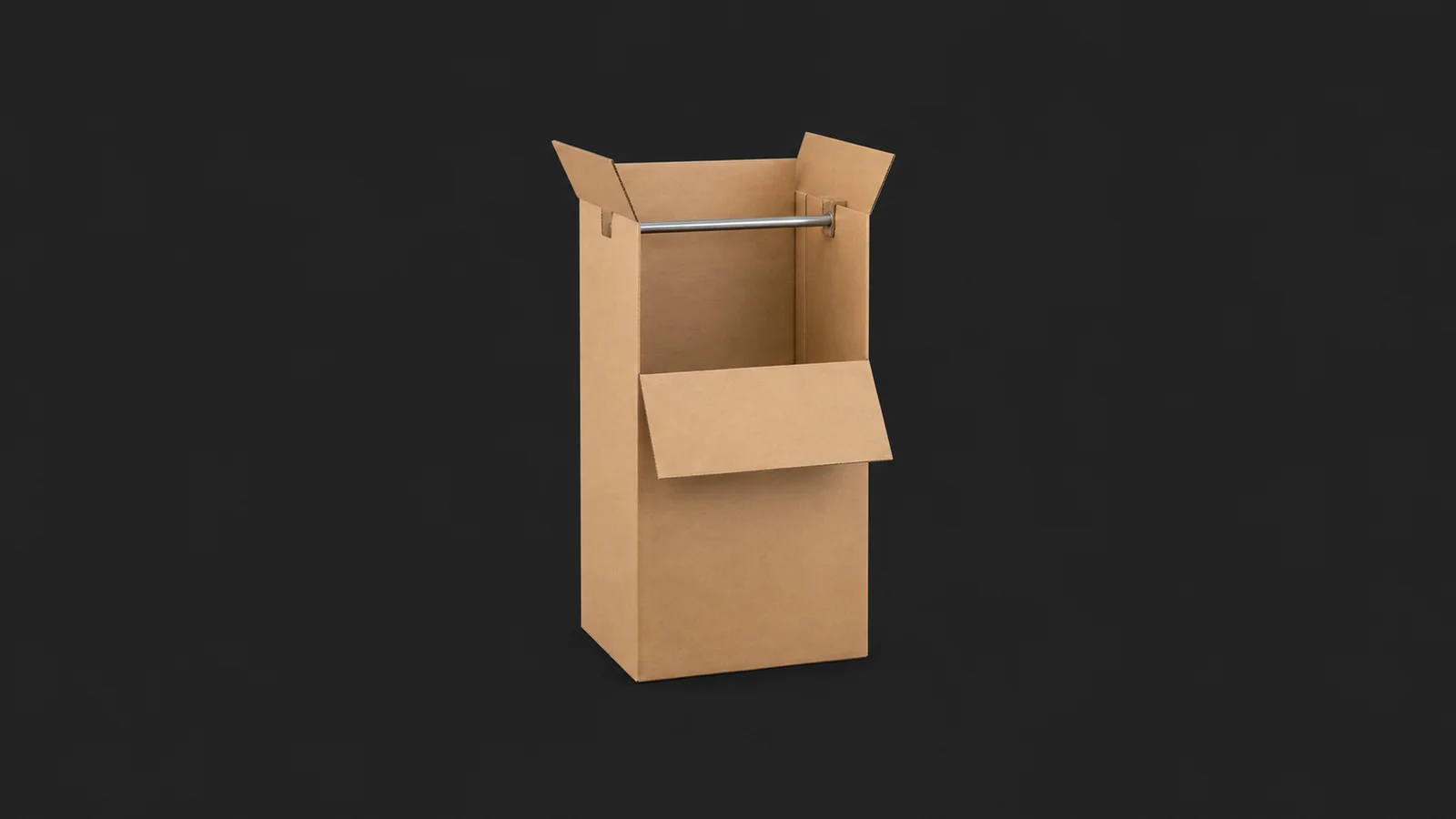 Isolated a wardrobe carton with its hanging rail exposed centred on a seamless deep charcoal near-black studio background, generous empty margin on every side for overlaid branding