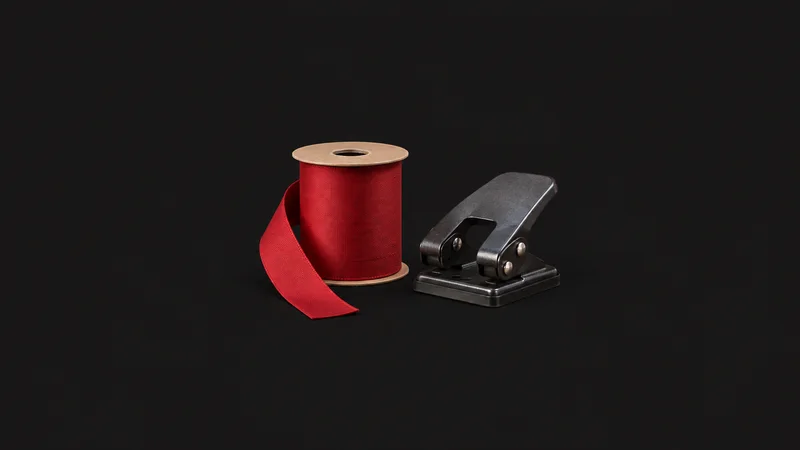 Isolated a spool of red legal ribbon beside a hole punch centred on a seamless deep charcoal near-black studio background, generous empty margin on every side for overlaid branding