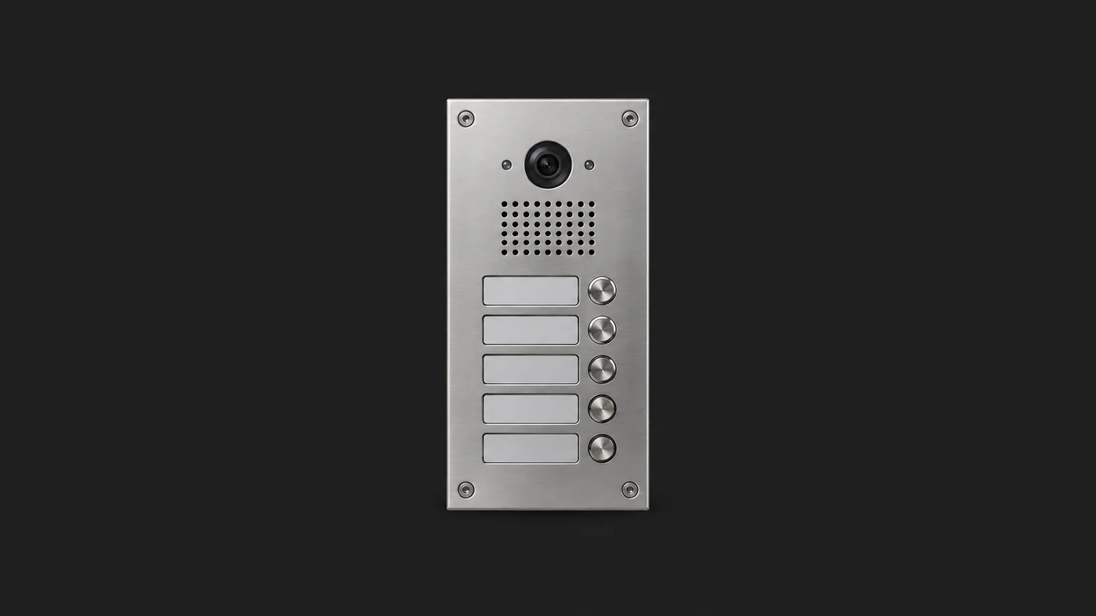 Isolated a chrome apartment intercom panel with unmarked buttons centred on a seamless deep charcoal near-black studio background, generous empty margin on every side for overlaid branding