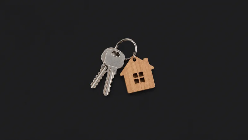 Isolated a set of house keys with a wooden house-shaped fob centred on a seamless deep charcoal near-black studio background, generous empty margin on every side for overlaid branding
