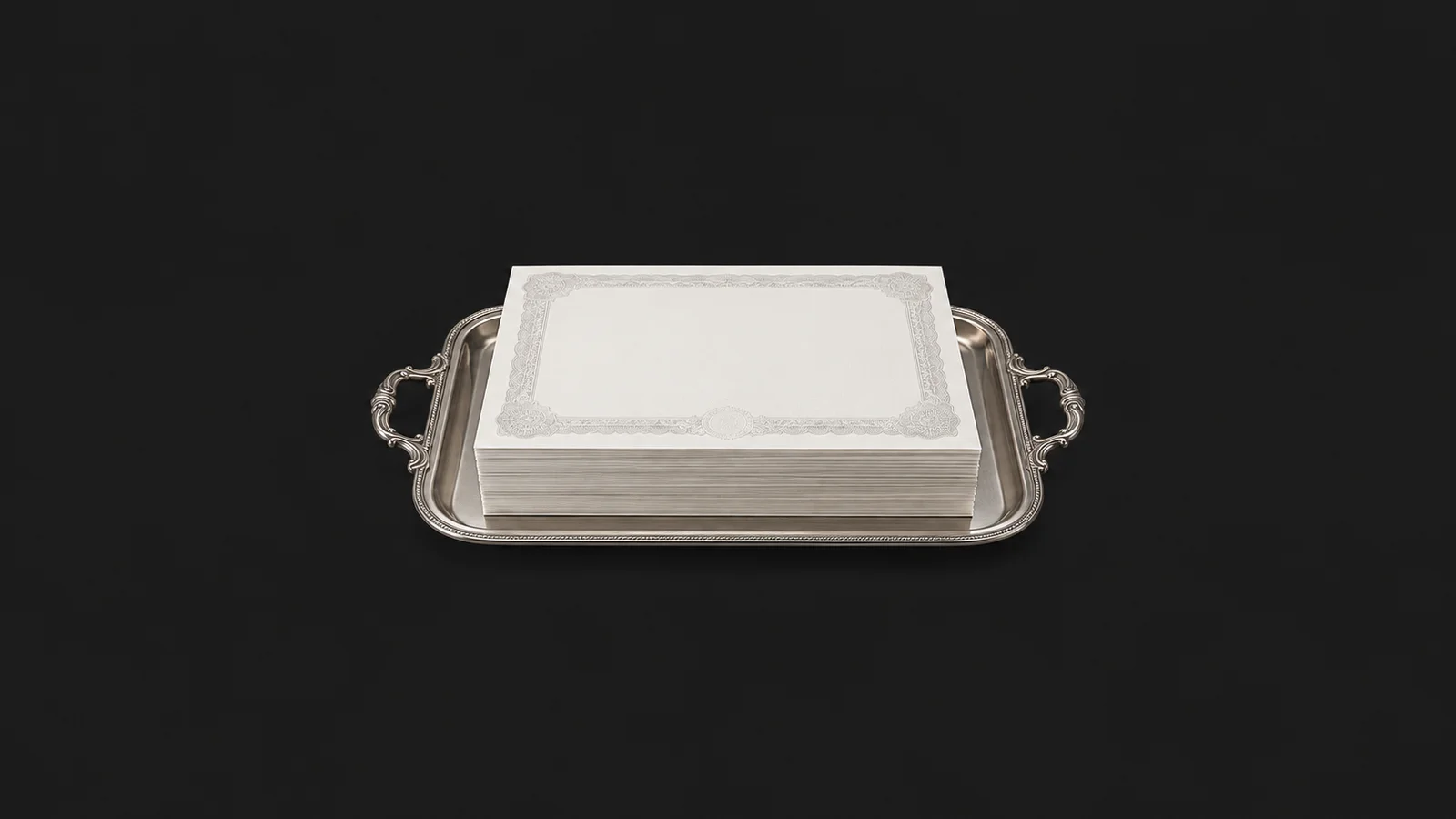 Isolated a stack of blank embossed share certificates on a silver tray centred on a seamless deep charcoal near-black studio background, generous empty margin on every side for overlaid branding