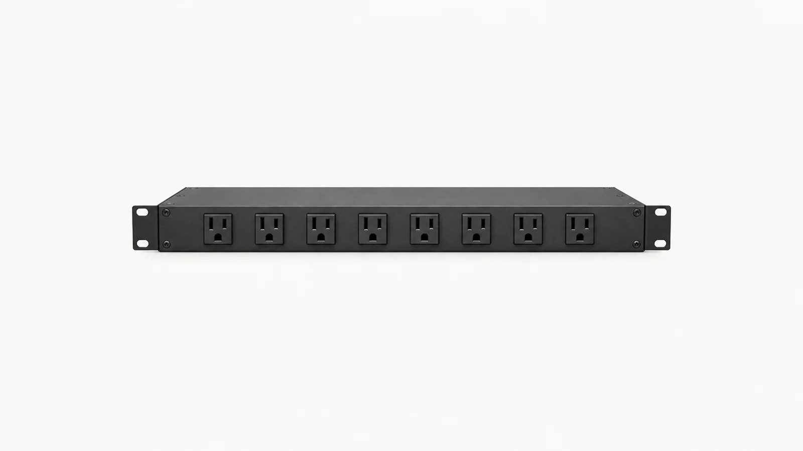 Isolated a rack-mount power distribution unit with a row of outlets centred on a seamless pale off-white studio background, generous empty margin on every side for overlaid branding