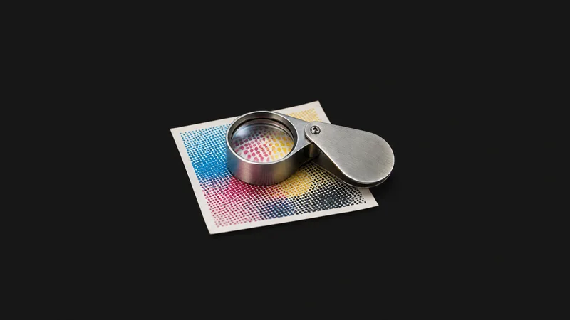 Isolated a loupe magnifier resting on a printed halftone proof centred on a seamless deep charcoal near-black studio background, generous empty margin on every side for overlaid branding