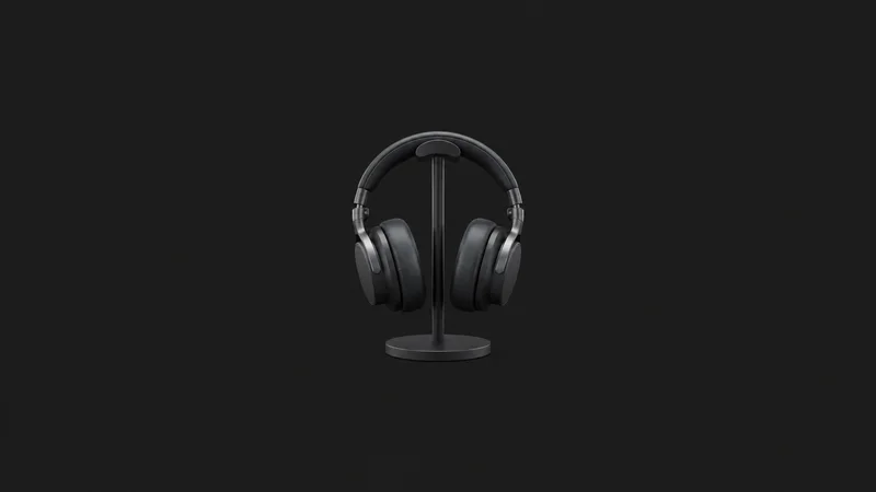 Isolated a pair of closed-back monitoring headphones on a stand centred on a seamless deep charcoal near-black studio background, generous empty margin on every side for overlaid branding