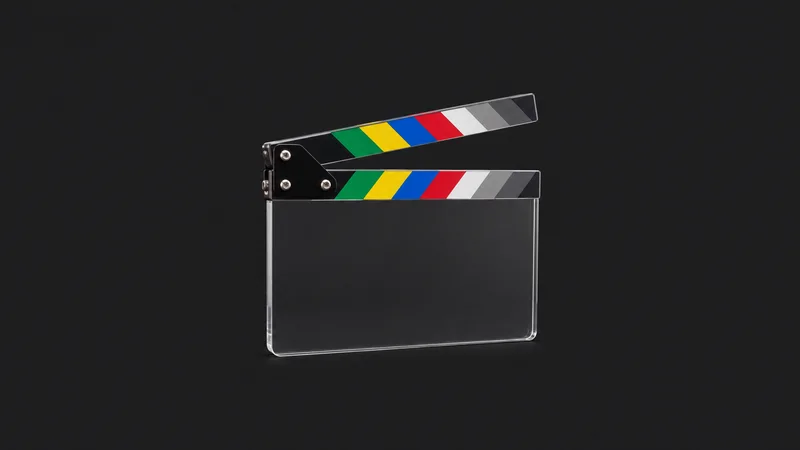 Isolated an acrylic clapperboard with colour stripes and no writing centred on a seamless deep charcoal near-black studio background, generous empty margin on every side for overlaid branding