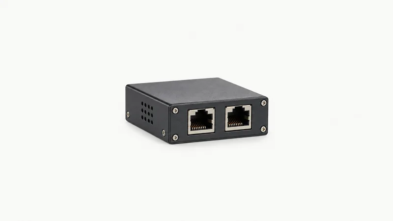 Isolated an inline network tap with paired copper ports centred on a seamless pale off-white studio background, generous empty margin on every side for overlaid branding