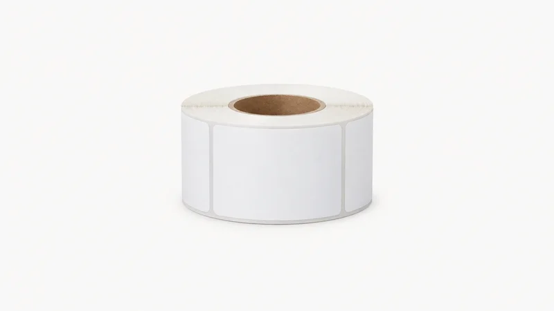 Isolated a roll of blank shipping labels on a spool centred on a seamless pale off-white studio background, generous empty margin on every side for overlaid branding