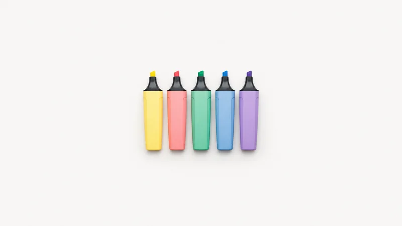 Isolated a set of coloured highlighter pens in a row centred on a seamless pale off-white studio background, generous empty margin on every side for overlaid branding