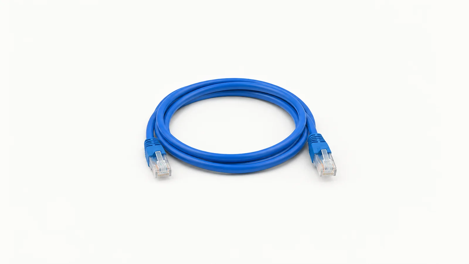 Isolated a single blue ethernet cable coiled in a loop centred on a seamless pale off-white studio background, generous empty margin on every side for overlaid branding
