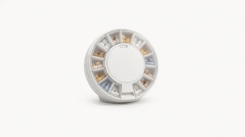 Isolated a smart pill dispenser with a ring of compartments and a blank front panel centred on a seamless pale off-white studio background, generous empty margin on every side for overlaid branding
