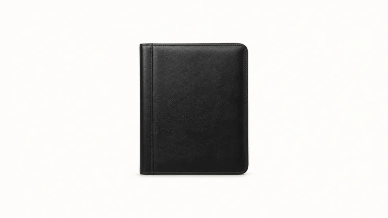 Isolated a black leather document portfolio closed with a blank cover centred on a seamless pale off-white studio background, generous empty margin on every side for overlaid branding