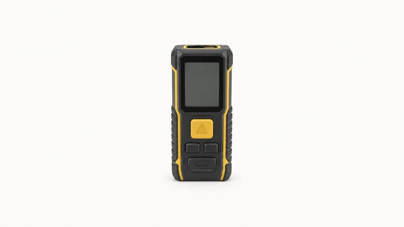 Isolated a laser distance-measuring tool with a blank display panel centred on a seamless pale off-white studio background, generous empty margin on every side for overlaid branding