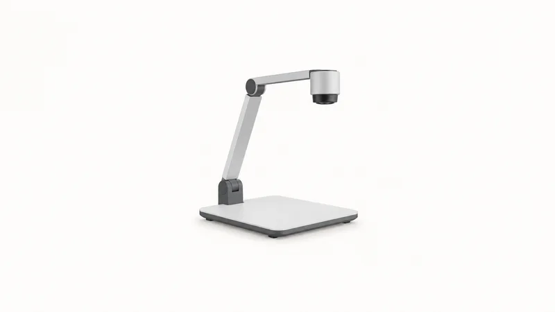 Isolated a document camera on a folding arm above a blank base plate centred on a seamless pale off-white studio background, generous empty margin on every side for overlaid branding