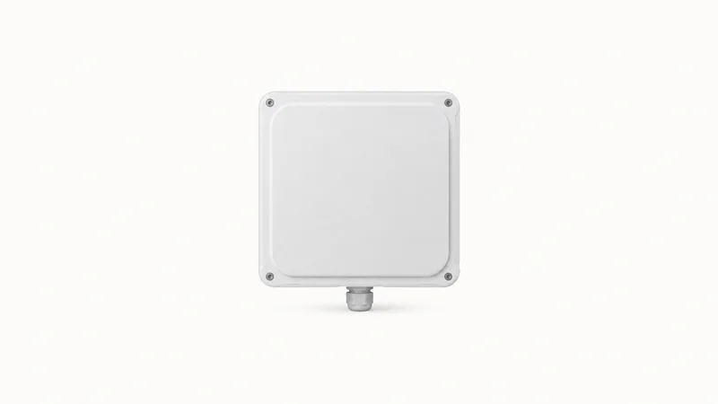 Isolated a compact rfid reader antenna panel in a flat white housing centred on a seamless pale off-white studio background, generous empty margin on every side for overlaid branding