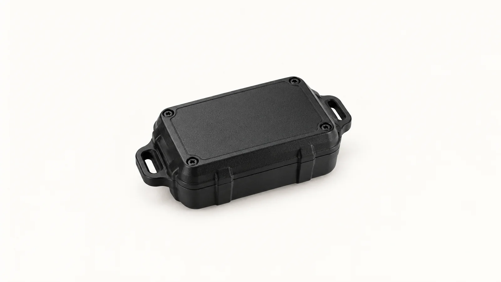 Isolated a cellular iot tracker in a sealed black enclosure with a loop mount centred on a seamless pale off-white studio background, generous empty margin on every side for overlaid branding