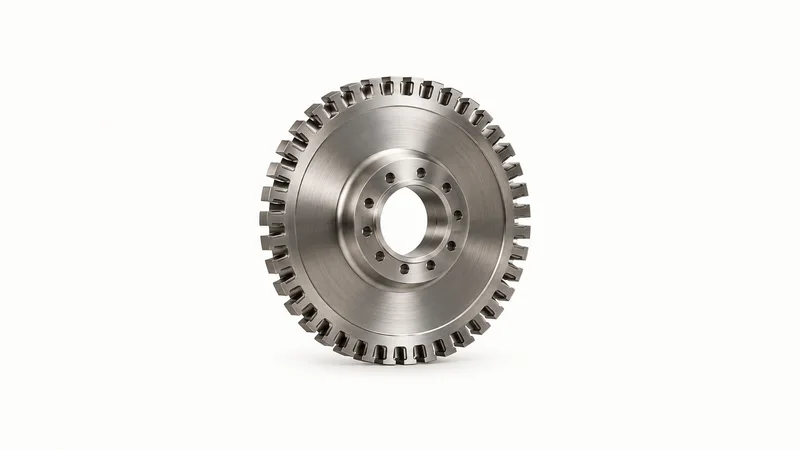 Isolated a nickel-alloy turbine disc with fir-tree slots centred on a seamless pale off-white studio background, generous empty margin on every side for overlaid branding