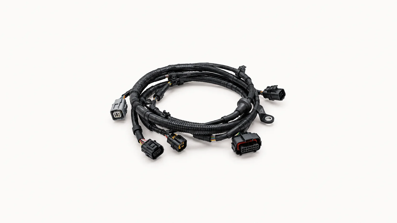 Isolated a car wiring harness coiled with its connectors centred on a seamless pale off-white studio background, generous empty margin on every side for overlaid branding