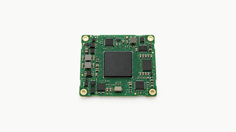 Isolated a populated circuit board with a ball-grid-array chip centred on a seamless pale off-white studio background, generous empty margin on every side for overlaid branding