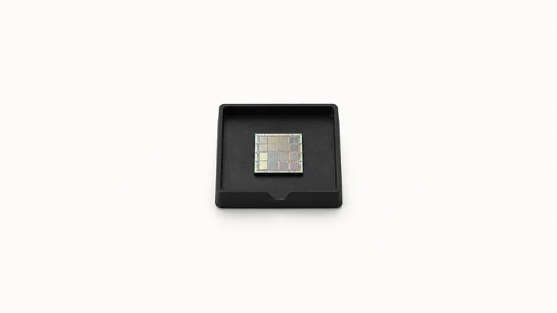 Isolated a single diced silicon die on a black tray centred on a seamless pale off-white studio background, generous empty margin on every side for overlaid branding