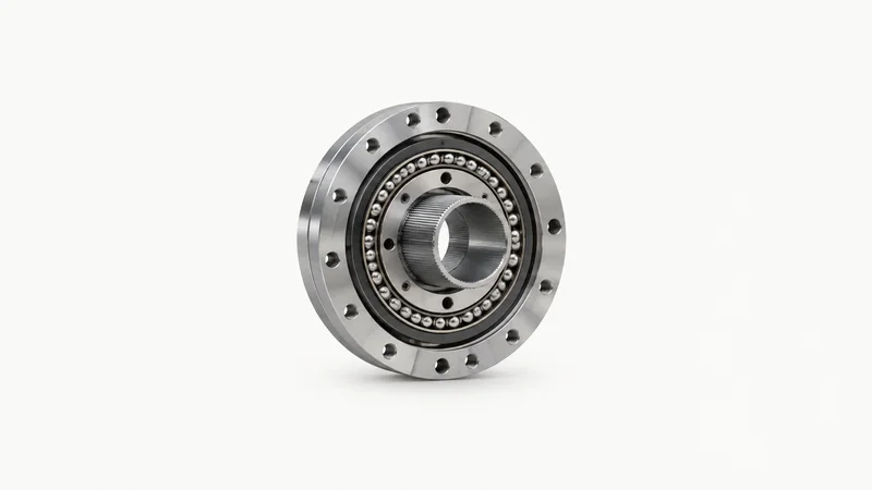 Isolated a harmonic-drive reduction gear with a flexspline centred on a seamless pale off-white studio background, generous empty margin on every side for overlaid branding