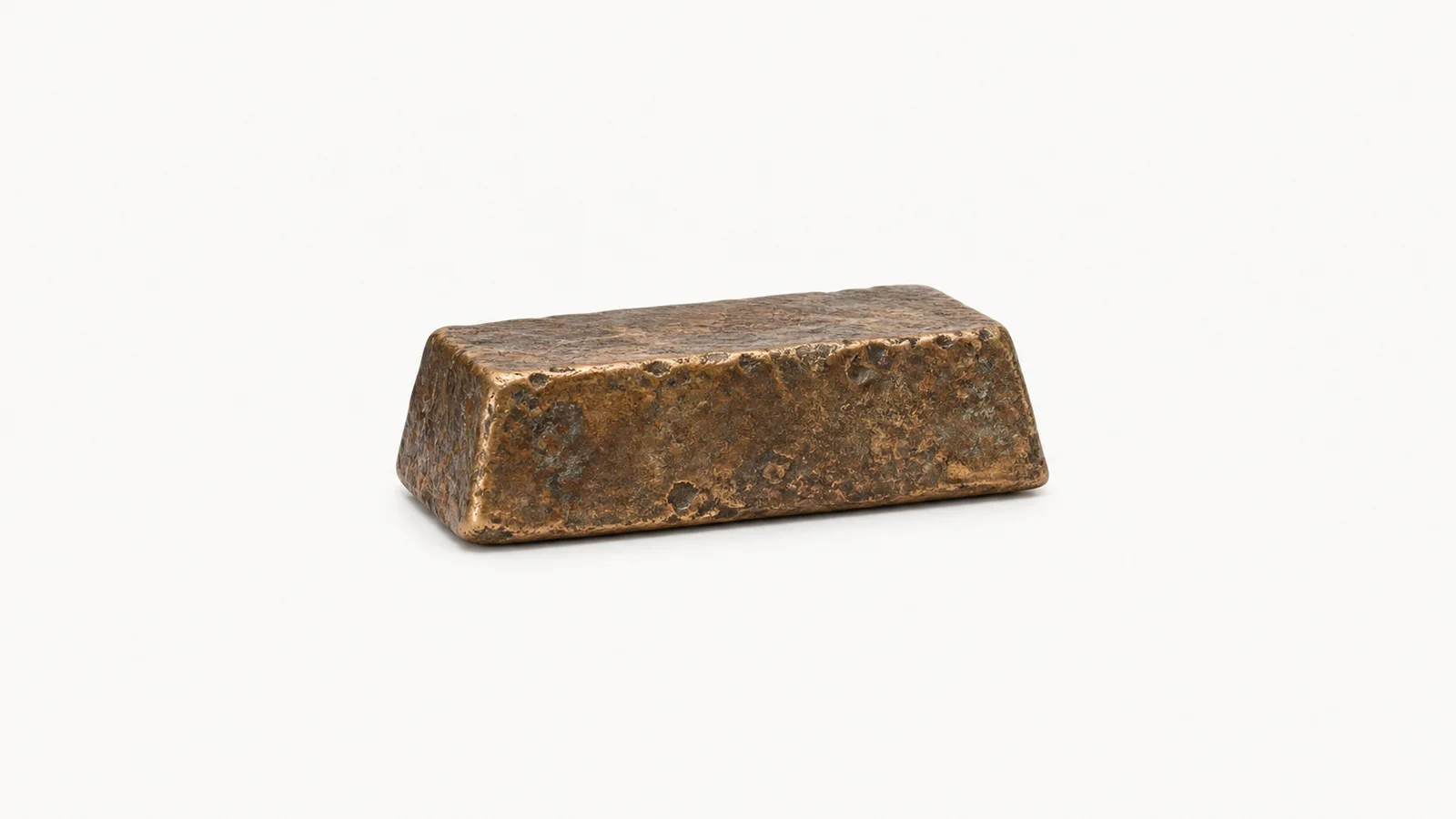 Isolated a cast bronze ingot with a rough oxide skin centred on a seamless pale off-white studio background, generous empty margin on every side for overlaid branding