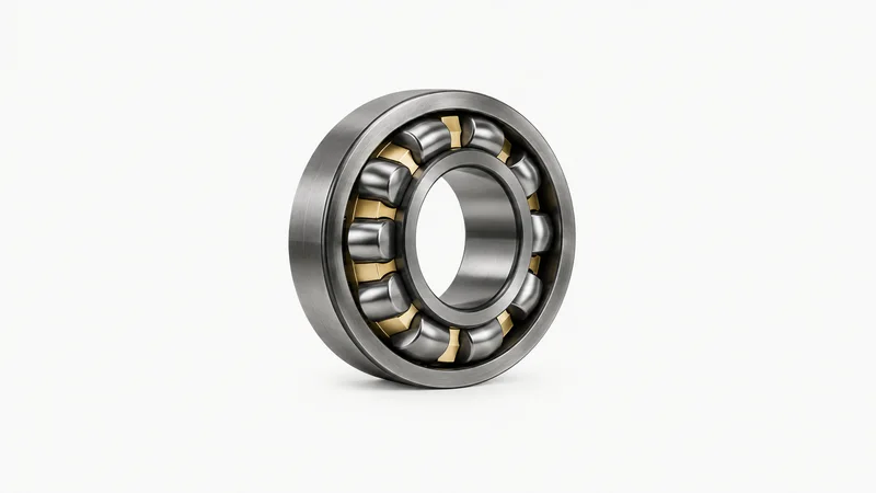 Isolated a heavy spherical roller bearing with a brass cage centred on a seamless pale off-white studio background, generous empty margin on every side for overlaid branding