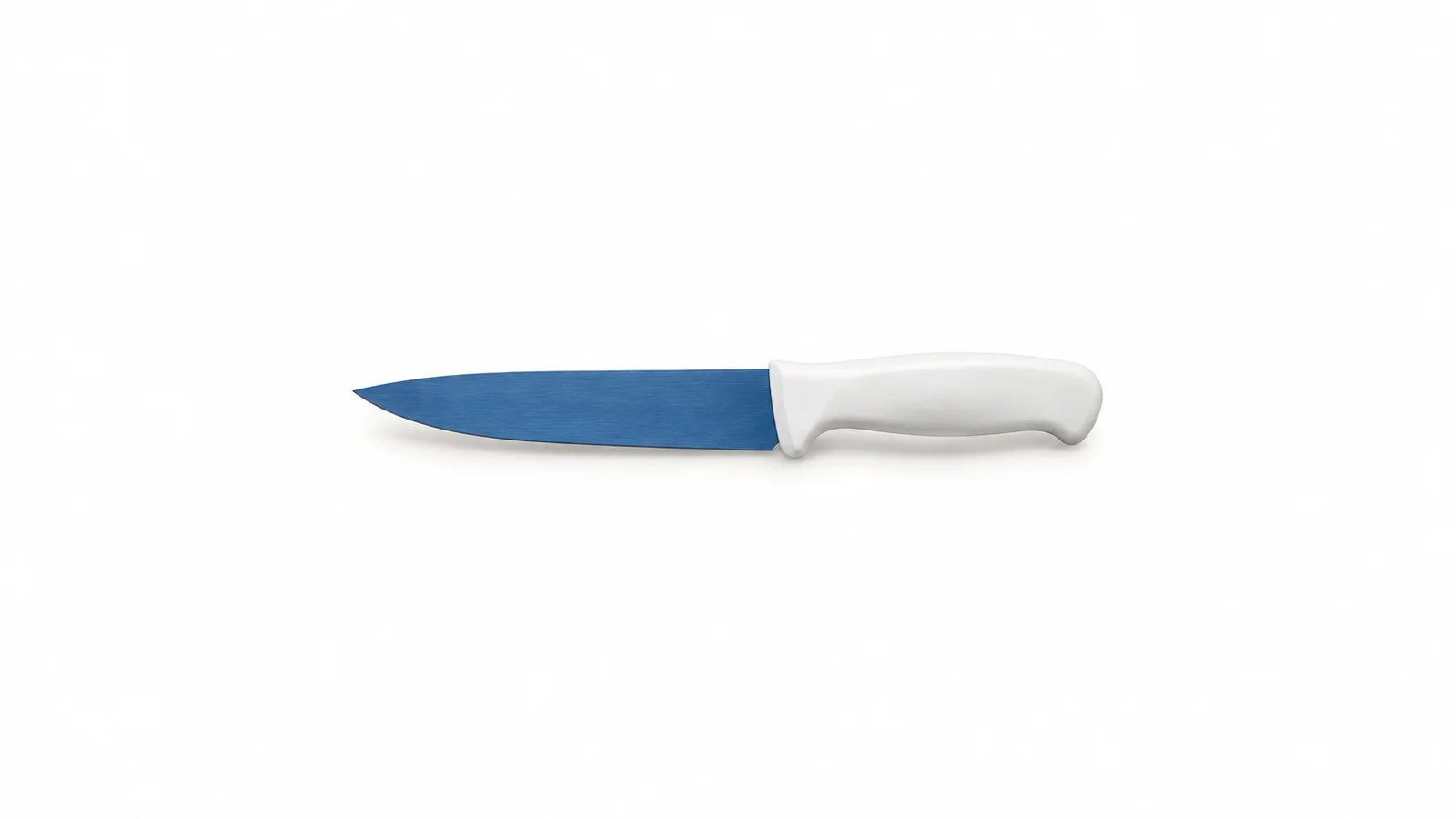 Isolated a blue-detectable food-plant knife with a white handle centred on a seamless pale off-white studio background, generous empty margin on every side for overlaid branding
