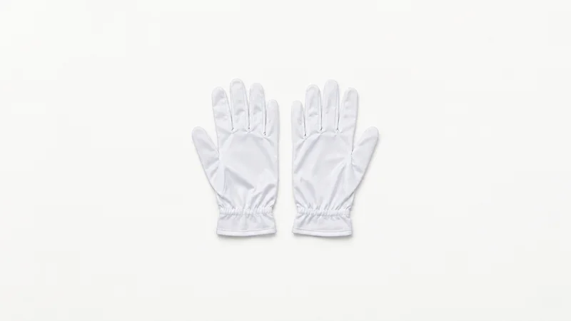 Isolated a pair of white cleanroom gloves laid flat centred on a seamless pale off-white studio background, generous empty margin on every side for overlaid branding