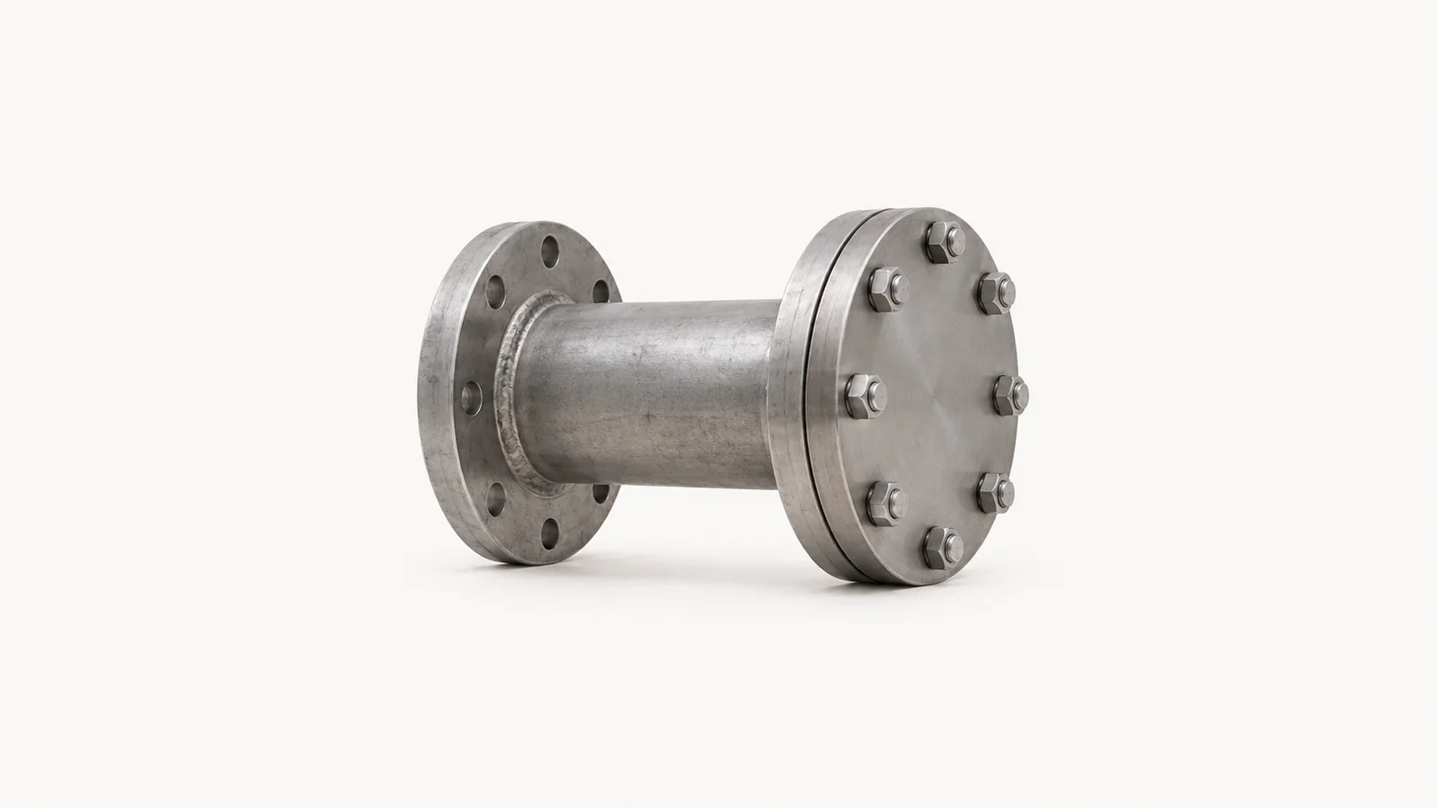 Isolated a flanged pipe spool with a bolted blind plate centred on a seamless pale off-white studio background, generous empty margin on every side for overlaid branding