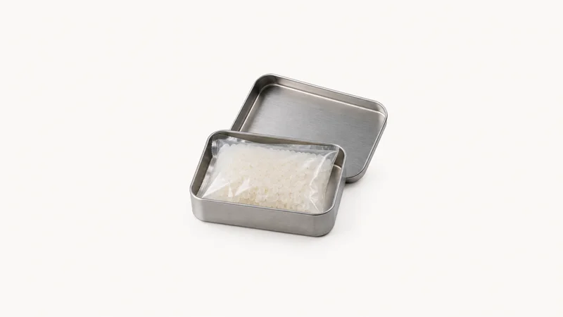 Isolated a bagged resin sample in a two-part tin centred on a seamless pale off-white studio background, generous empty margin on every side for overlaid branding
