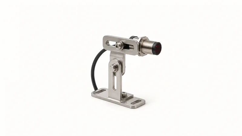 Isolated a stainless sensor bracket with a photoelectric eye centred on a seamless pale off-white studio background, generous empty margin on every side for overlaid branding