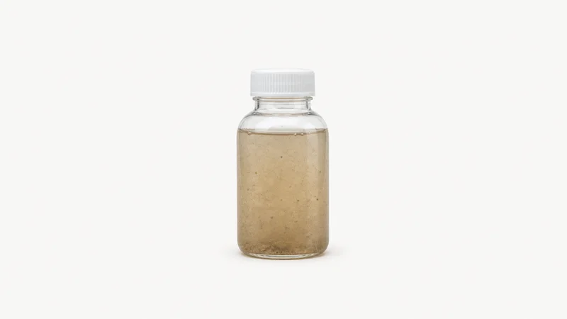 Isolated a clear sample bottle of turbid water centred on a seamless pale off-white studio background, generous empty margin on every side for overlaid branding