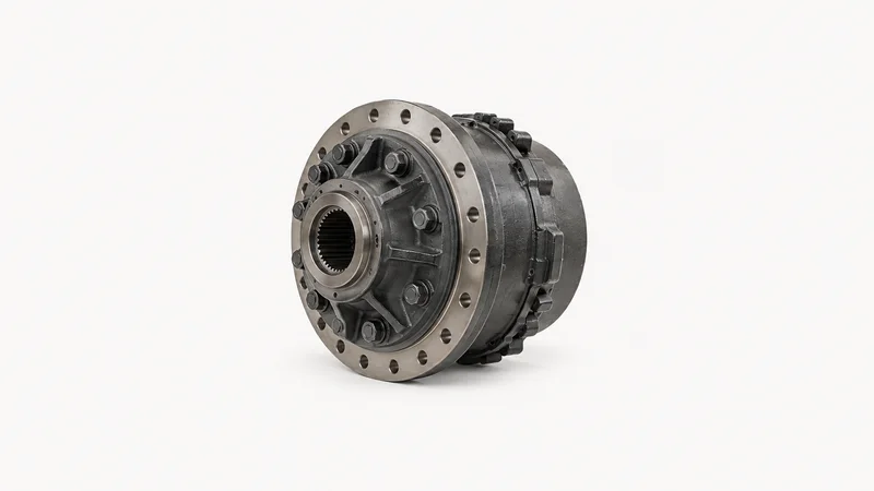 Isolated a heavy-duty planetary final-drive hub centred on a seamless pale off-white studio background, generous empty margin on every side for overlaid branding