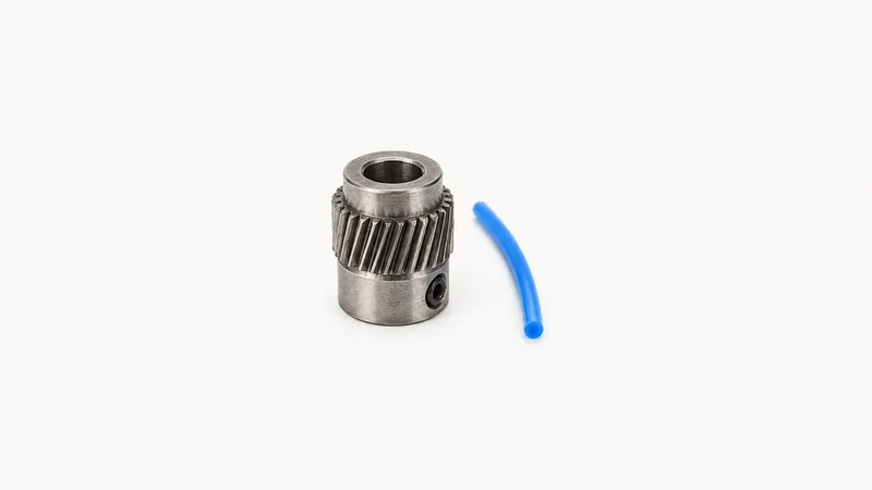 Isolated a hardened-steel direct-drive extruder gear beside a length of pla filament centred on a seamless pale off-white studio background, generous empty margin on every side for overlaid branding