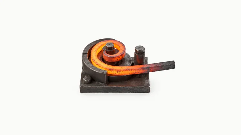 Isolated a bar of orange-hot steel bent into a scroll on a scrolling jig centred on a seamless pale off-white studio background, generous empty margin on every side for overlaid branding