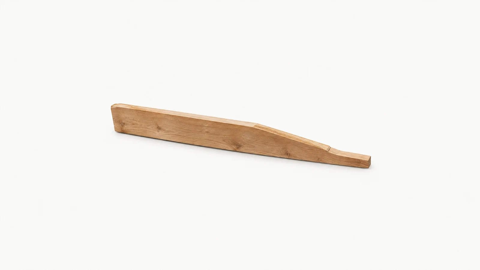 Isolated a length of carvel planking with a scarf joint cut on one end centred on a seamless pale off-white studio background, generous empty margin on every side for overlaid branding