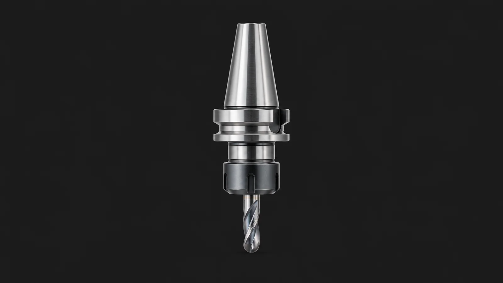 Isolated a bt40 tool holder with a collet chuck and a ball-nose end mill centred on a seamless deep charcoal near-black studio background, generous empty margin on every side for overlaid branding