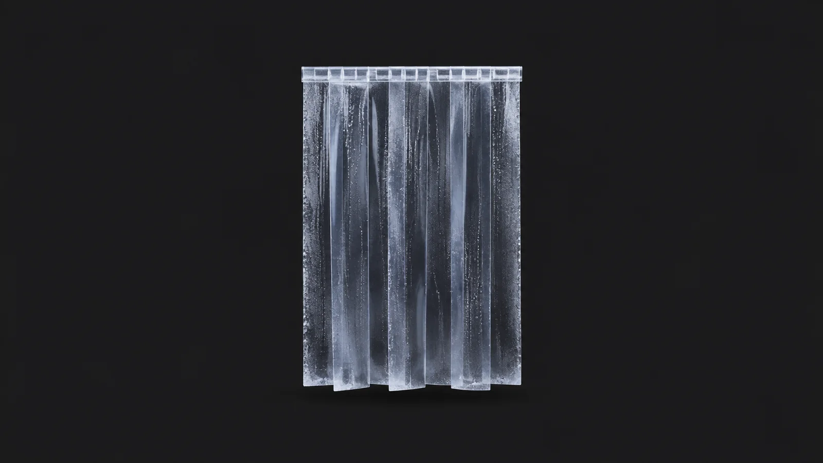 Isolated a clear strip-curtain panel of frozen pvc with condensation beading centred on a seamless deep charcoal near-black studio background, generous empty margin on every side for overlaid branding