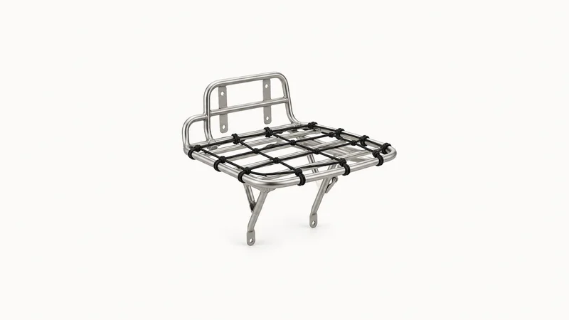Isolated a stainless-steel cargo-bike front carrier rack with a bungee net centred on a seamless pale off-white studio background, generous empty margin on every side for overlaid branding