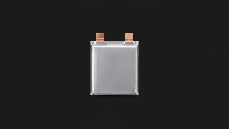 Isolated a lithium-ion pouch-cell module with copper tab connectors centred on a seamless deep charcoal near-black studio background, generous empty margin on every side for overlaid branding