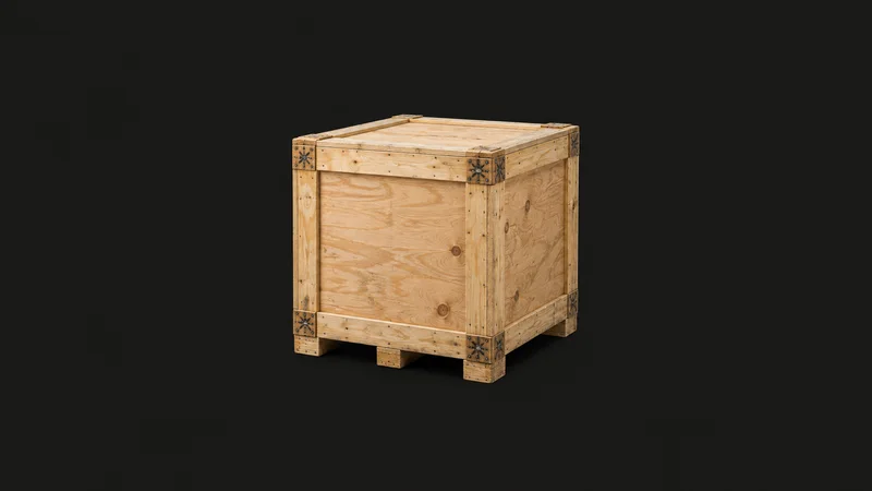 Isolated a plywood export crate with heat-treated stamped corners and no lettering centred on a seamless deep charcoal near-black studio background, generous empty margin on every side for overlaid branding