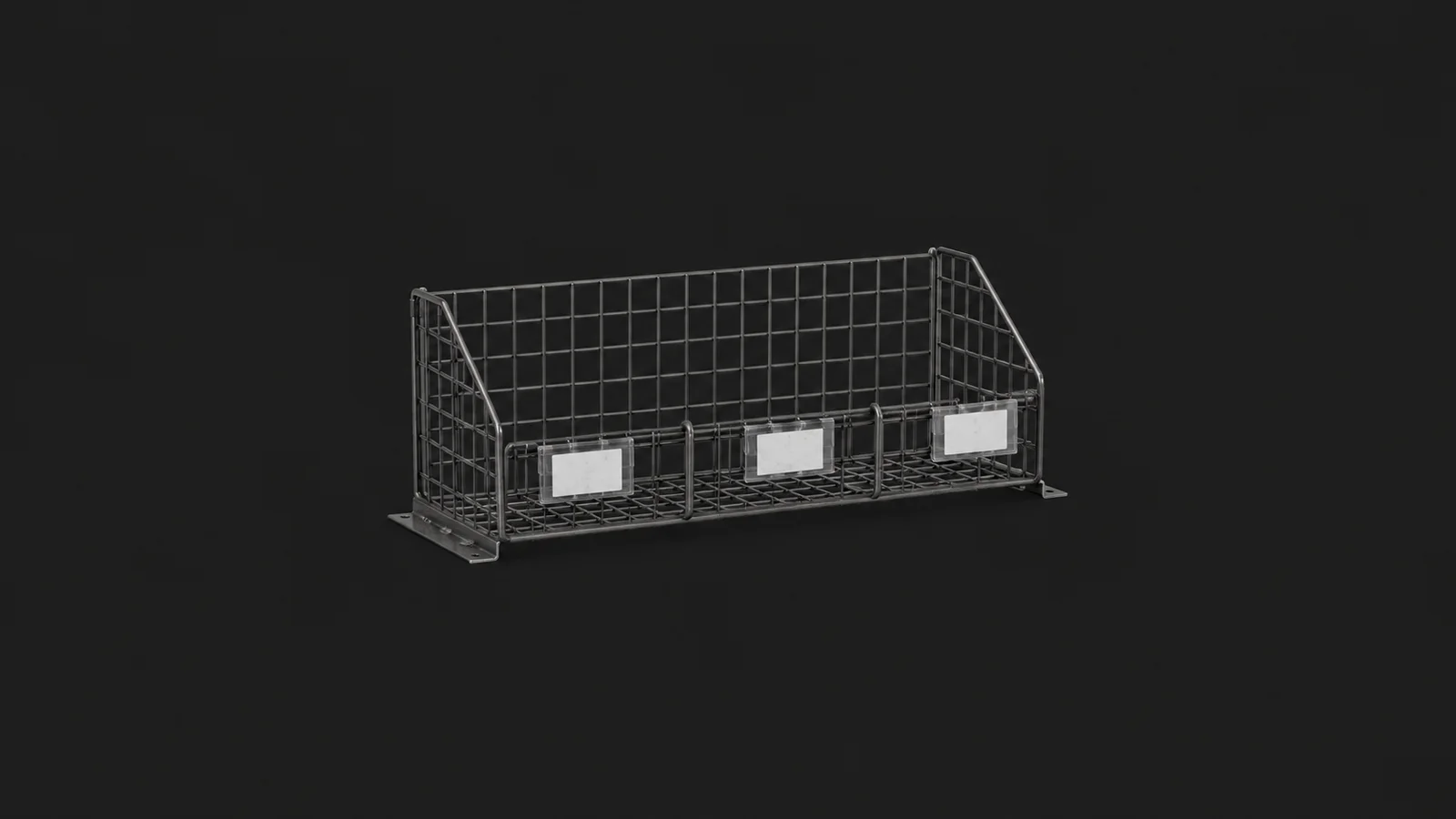 Isolated a wire-mesh shelving bin divider with small tagged pockets centred on a seamless deep charcoal near-black studio background, generous empty margin on every side for overlaid branding